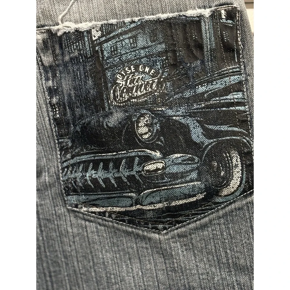 Dyse One Y2K Denim Shorts Distressed Paint Graphic Car Skate Baggy Sz30 Mid Rise